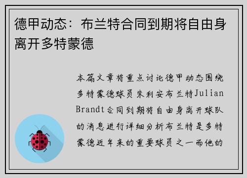 德甲动态:布兰特合同到期将自由身离开多特蒙德 德甲动态:布兰特合同到期将自由身离开多特蒙德